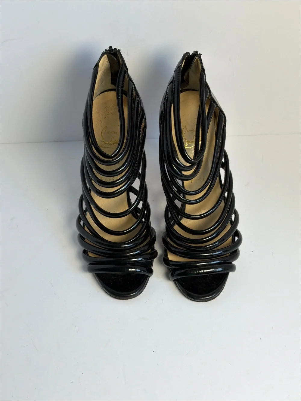 Christian Louboutin Manovra 70 Black Patent Leather Strappy Sandal Heels Size 39